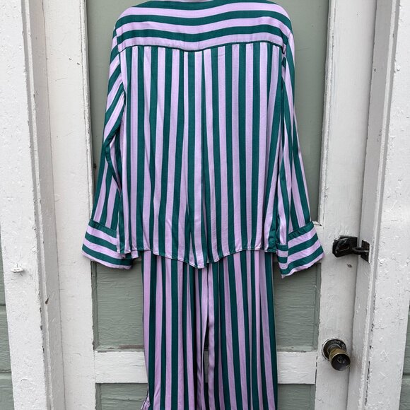 Anthropologie LyreBird Silky Oversized PJ Striped Green Pajama Set XS - Picture 4 of 6